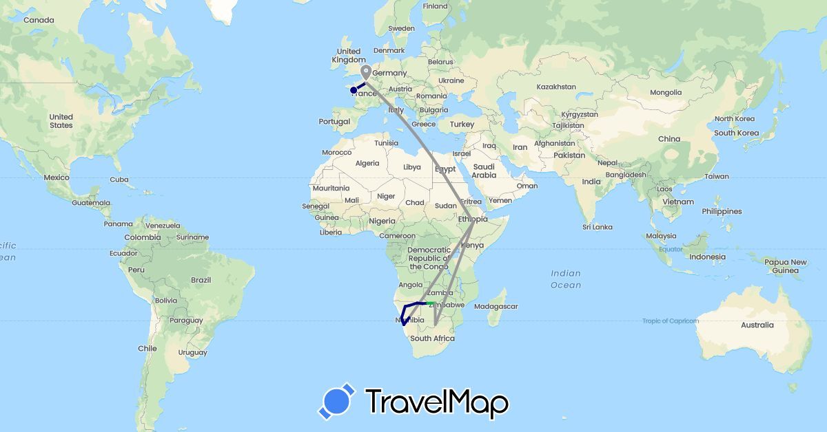 TravelMap itinerary: driving, bus, plane in Botswana, Ethiopia, France, Namibia, Zambia (Africa, Europe)